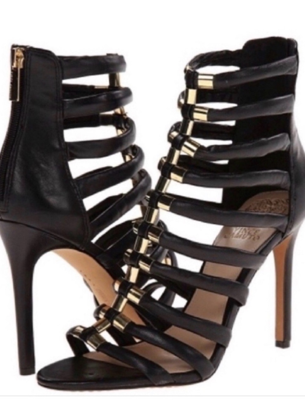 Vince Camuto Black Strappy High Heel Sandals with Gold Hardware